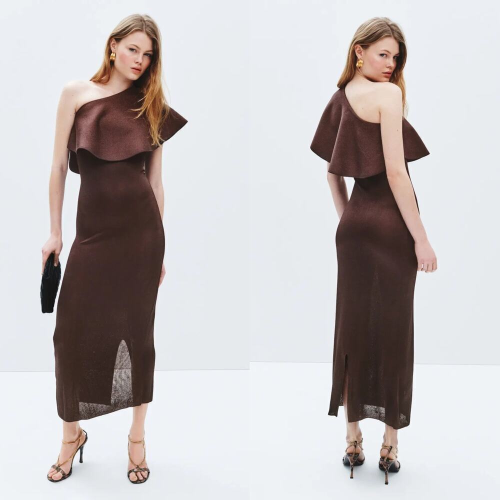 Altuzarra Vivi Dress One Shoulder Ruffle Overlay Maxi Sheath Gown Brown Small